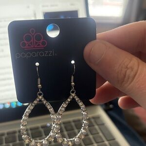 Paparazzi Silver Teardrop Earrings‎ with White Accents
